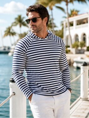 Denim & Flower Men’s M Striped Hoodie Blue White Knit Pullover Lightweight